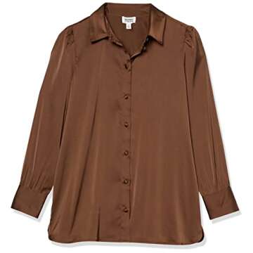 The Drop Women's @Lucyswhims Long-Sleeve Button Down Stretch Satin Shirt, Coffee Bean, Medium
