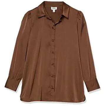 The Drop Women's @Lucyswhims Long-Sleeve Button Down Stretch Satin Shirt, Coffee Bean, Medium