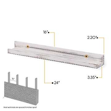 Rustic State Ted 24" Wall Mount Picture Ledge Photo Frame Display - Wooden Floating Shelves for Living Room Office Kitchen Bedroom Bathroom Décor Storage - Distressed White - Set of 2