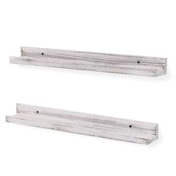 Rustic State Ted 24" Wall Mount Picture Ledge Photo Frame Display - Wooden Floating Shelves for Living Room Office Kitchen Bedroom Bathroom Décor Storage - Distressed White - Set of 2