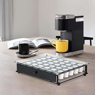 GOODBUY Coffee Pod Holder, Tempered Glass Top K Cup Holder Black Finished Coffee Pod Storage Kitchen Counter Organizer Drawer Holder Compatible with 36 K Cup Pods
