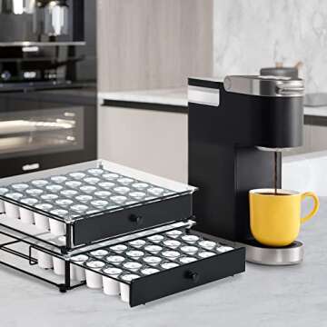 GOODBUY Coffee Pod Holder, Tempered Glass Top K Cup Holder Black Finished Coffee Pod Storage Kitchen Counter Organizer Drawer Holder Compatible with 36 K Cup Pods
