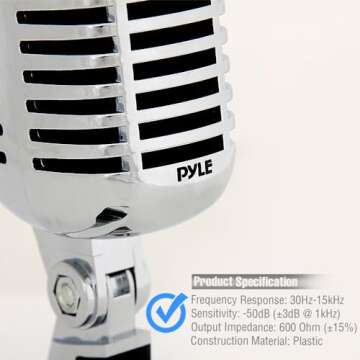 Pyle Classic Retro Dynamic Vocal Microphone - Old Vintage Style Unidirectional Cardioid Mic with XLR Cable - Universal Stand Compatible - Live Performance In Studio Recording - PDMICR42SL (Silver)
