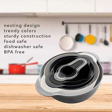 edge Mixing Bowls and Measuring Cup Nesting Set, 8 Pieces, 2 Mixing Bowls 4 Measuring Cups 1 Colander and 1 Sifter, Charcoal