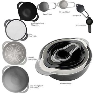 edge Mixing Bowls and Measuring Cup Nesting Set, 8 Pieces, 2 Mixing Bowls 4 Measuring Cups 1 Colander and 1 Sifter, Charcoal