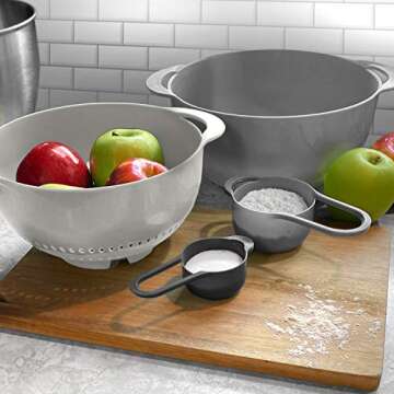 edge Mixing Bowls and Measuring Cup Nesting Set, 8 Pieces, 2 Mixing Bowls 4 Measuring Cups 1 Colander and 1 Sifter, Charcoal