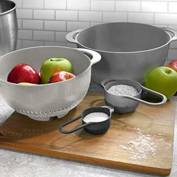 edge Mixing Bowls and Measuring Cup Nesting Set, 8 Pieces, 2 Mixing Bowls 4 Measuring Cups 1 Colander and 1 Sifter, Charcoal