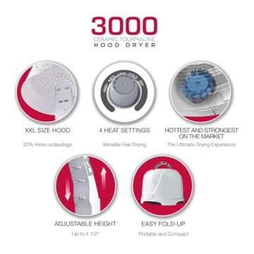 Red by Kiss 3000 Ceramic Tourmaline Professional Hood Dryer, 4 Heat Settings Blow Dryer for Home & Salon, Height Adjustable Convenient Big Hood Size Extra Coverage