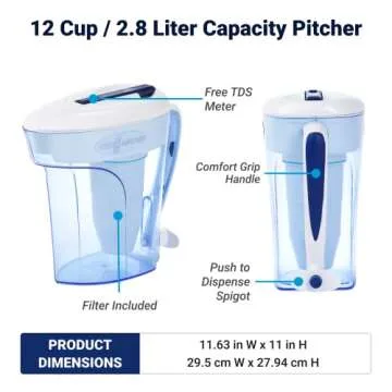 ZeroWater 12-Cup Ready-Pour 5-Stage Water Filter Pitcher Dispenser with 5-Stage 0 TDS Zero Water Filter – IAPMO Certified to Reduce Metals, Chlorine, Lead, Chromium, and Forever Chemicals PFOA/PFOS