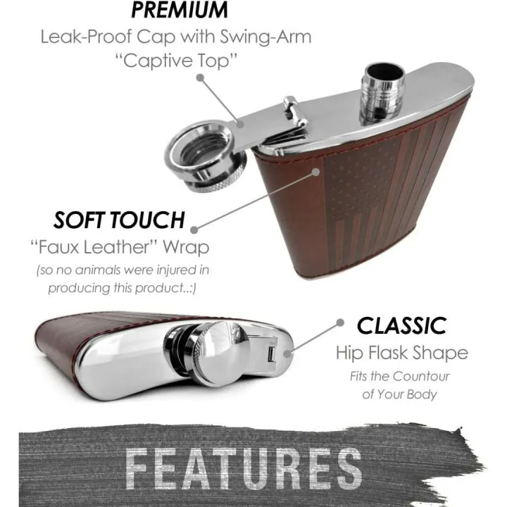 American Flag Hip Flask - 8 oz Premium Leather Design