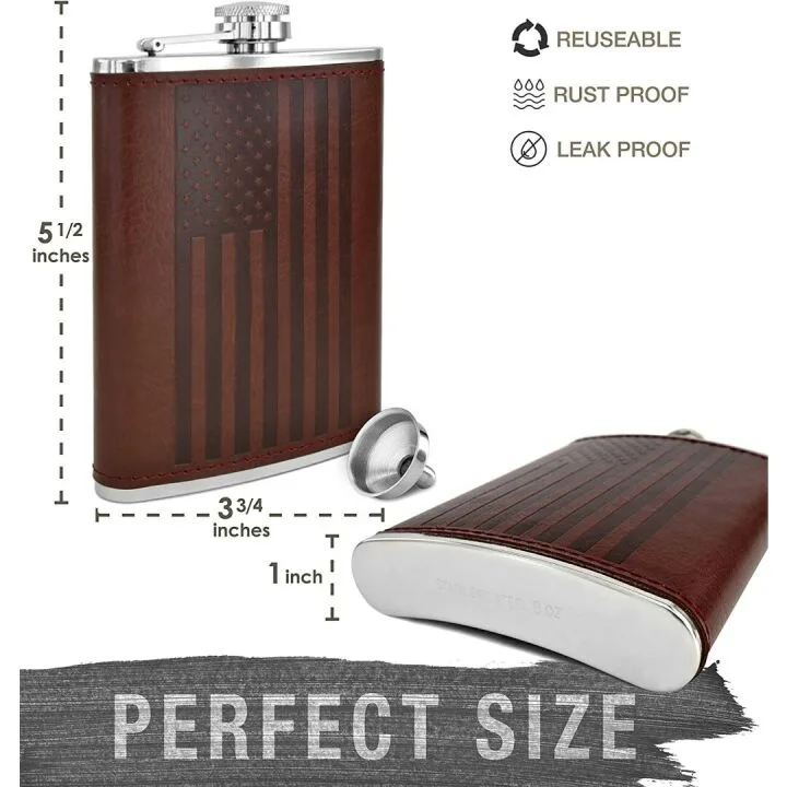 American Flag Hip Flask - 8 oz Premium Leather Design