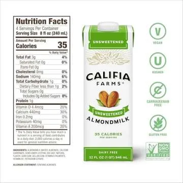 Califia Farms - Unsweetened Almond Milk, 32 Oz (Pack of 6), Dairy Free, Vegan, Plant Based, Keto Food, Shelf Stable, Vegan, Gluten Free, Non GMO, Sugar Free, High Calcium, Smoothie