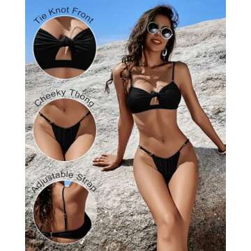 Honlyps Womens Brazilian Thong Sexy Bikini Sets Cheeky 2 Piece High Cut Swimsuit Bottoms Strapless Bandeau Bathing Suit Tops Black