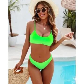 DaiLiWei Womens 2 Piece Brazilian Thong Bikini Set High Cut Swimsuit Padded Scoop Neck Push Up Top Bathing Suit Cheeky Bottom
