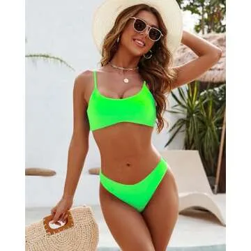 DaiLiWei Womens 2 Piece Brazilian Thong Bikini Set High Cut Swimsuit Padded Scoop Neck Push Up Top Bathing Suit Cheeky Bottom
