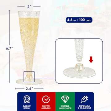 JOLLY CHEF 100 Pack Plastic Champagne Flutes Disposable 4.5 oz Gold Glitter