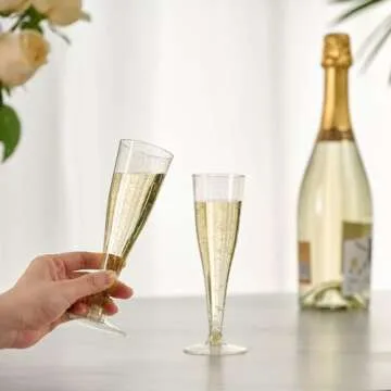Elegant 100 Pack Gold Glitter Plastic Champagne Flutes