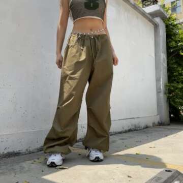 Women's Low Waist Cargo Pants Casual Solid Color Harajuku Vintage Y2K Low Rise Baggy Jogger Relaxed Cinch Pants(B-Green,Medium)