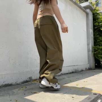 Women's Low Waist Cargo Pants Casual Solid Color Harajuku Vintage Y2K Low Rise Baggy Jogger Relaxed Cinch Pants(B-Green,Medium)