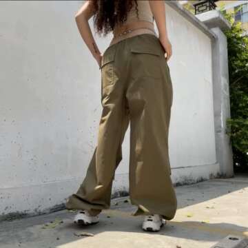 Women's Low Waist Cargo Pants Casual Solid Color Harajuku Vintage Y2K Low Rise Baggy Jogger Relaxed Cinch Pants(B-Green,Medium)