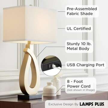 360 Lighting Simone Modern Table Lamps 28" Tall Set of 2 with USB Charging Port Sculptural Gold Metal White Rectangular Shade Decor Living Room Bedroom House Bedside Nightstand Home Office