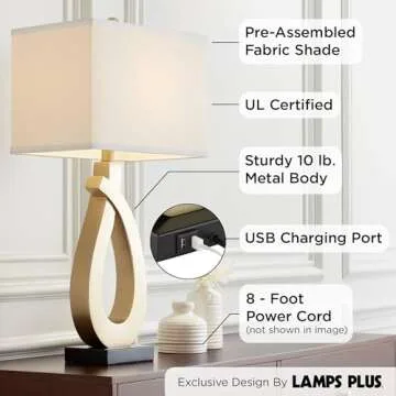 360 Lighting Simone Modern Table Lamps 28" Tall Set of 2 with USB Charging Port Sculptural Gold Metal White Rectangular Shade Decor Living Room Bedroom House Bedside Nightstand Home Office