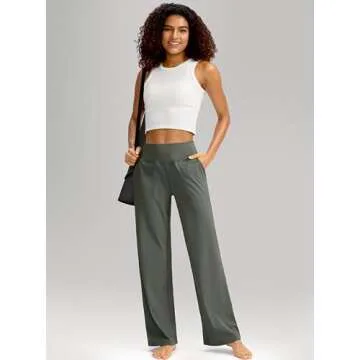 Soothfeel Wide Leg Pants for Women Yoga Work Pants with Pockets High Waist Lounge Sweatpants Dress Pants Petite/Tall 30"(Grey Sage, XXL)