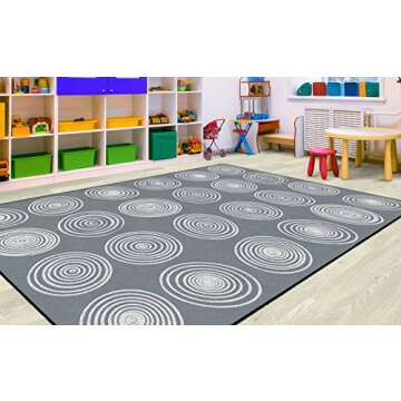 Flagship Carpets Circles Abstract Educational Area Rug for Kids Room Seating Décor, Children's Classroom, Play Carpet for Teaching and Playroom, Seats 24, 7'6" x 12', White & Grey
