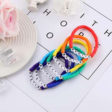 Miss Rabbit Rainbow Heishi Surfer Bracelets Set for Women Stackable BESTIE Clay Disc Colorful Beaded Stretch Bracelets Elastic Layered Friendship Bracelets Boho Summer Beach Jewelry Gift for Her