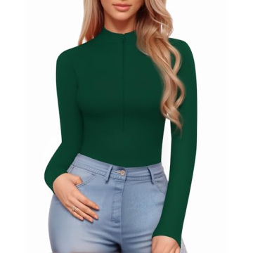 MANGOPOP Long Sleeve Zip-Up Bodysuit for Women - Soft & Sexy