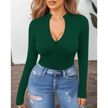 MANGOPOP Long Sleeve Zip-Up Bodysuit for Women - Soft & Sexy