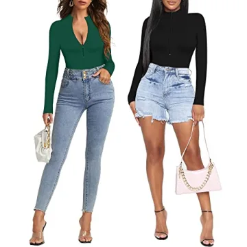 MANGOPOP Long Sleeve Zip-Up Bodysuit for Women - Soft & Sexy