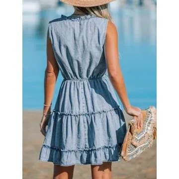 CUPSHE Women's Split V Neck Ruffled Sleeveless Denim Skirt Summer Mini Dress Light Blue, M
