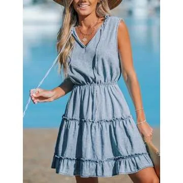 CUPSHE Women's Split V Neck Ruffled Sleeveless Denim Skirt Summer Mini Dress Light Blue, M