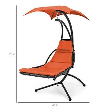 Best Choice Products Outdoor Hanging Curved Steel Chaise Lounge Chair Swing w/Built-in Pillow and Removable Canopy, Orange