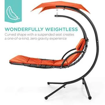 Best Choice Products Outdoor Hanging Curved Steel Chaise Lounge Chair Swing w/Built-in Pillow and Removable Canopy, Orange