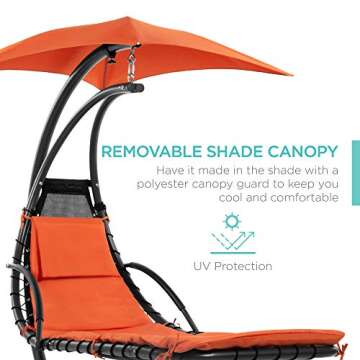 Best Choice Products Outdoor Hanging Curved Steel Chaise Lounge Chair Swing w/Built-in Pillow and Removable Canopy, Orange