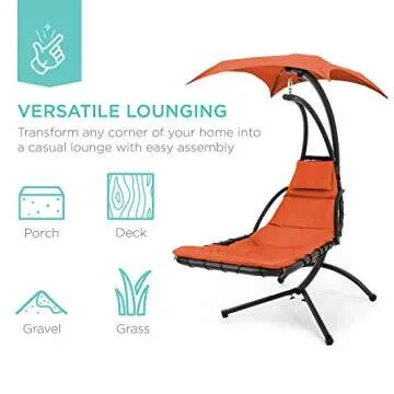 Best Choice Products Outdoor Hanging Curved Steel Chaise Lounge Chair Swing w/Built-in Pillow and Removable Canopy, Orange