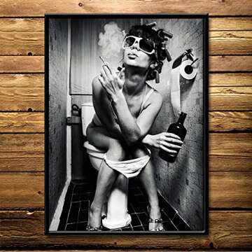 Black&White Smoking Drinking Woman Girl on The Toilet Print Wall Art Décor, Uninhibited Unruly Capricious Wayward Girl Portrait Photography Art Canvas Print Poster Pictures Paintings Murals,No Frame