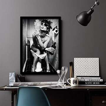 Black&White Smoking Drinking Woman Girl on The Toilet Print Wall Art Décor, Uninhibited Unruly Capricious Wayward Girl Portrait Photography Art Canvas Print Poster Pictures Paintings Murals,No Frame