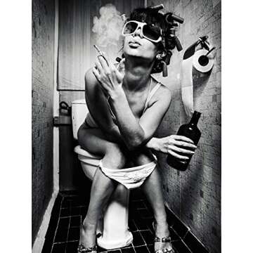 Black&White Smoking Drinking Woman Girl on The Toilet Print Wall Art Décor, Uninhibited Unruly Capricious Wayward Girl Portrait Photography Art Canvas Print Poster Pictures Paintings Murals,No Frame