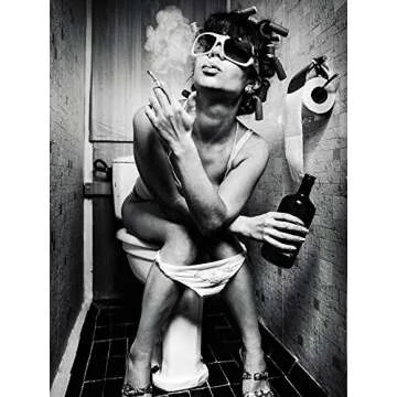 Black&White Smoking Drinking Woman Girl on The Toilet Print Wall Art Décor, Uninhibited Unruly Capricious Wayward Girl Portrait Photography Art Canvas Print Poster Pictures Paintings Murals,No Frame
