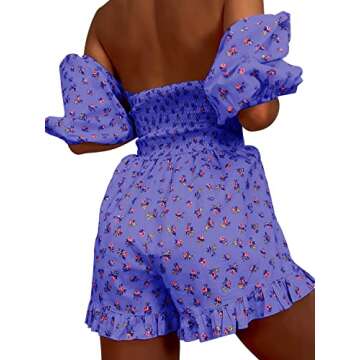 Jeanewpole1 Womens Floral Off The Shoulder Half Lantern Sleeve Ruffle Romper Short Jumpsuit