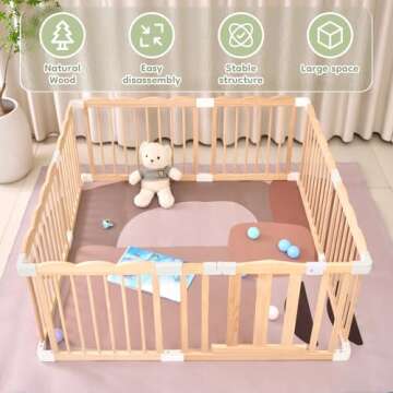 UInxiy Wooden Playpen & Wooden Playard for Babies and Toddlers，Wooden Large Shape & Size Adjustable Baby Fence,Corrales para Bebes and Baby Activity Centers with Locking Gate,Indoor use