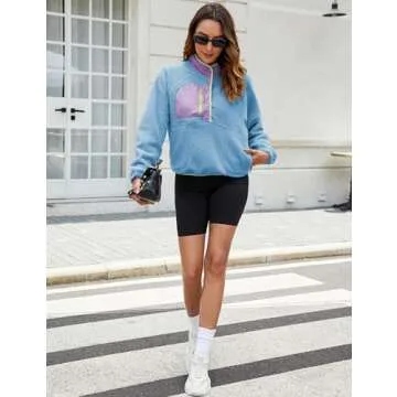 AMEBELLE Women’s Lightweight Fleece Pullover Jacket Cropped Fall Winter Fuzzy Sherpa Jacket Sweatshirt Coat with Pockets(2616-Blue-XS)