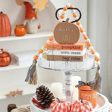 WODOHOLO Thanksgiving Pumpkin Tiered Tray Decor, Fall Wood Book Stack, Decorative Stacked Books Bundle Hello Fall Wooden Block Signs for Autumn Farmhouse Decor for Table Kitchen