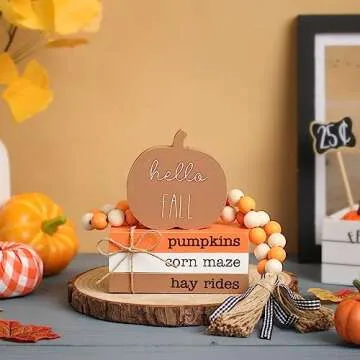 WODOHOLO Thanksgiving Pumpkin Tiered Tray Decor, Fall Wood Book Stack, Decorative Stacked Books Bundle Hello Fall Wooden Block Signs for Autumn Farmhouse Decor for Table Kitchen