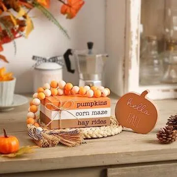 WODOHOLO Thanksgiving Pumpkin Tiered Tray Decor, Fall Wood Book Stack, Decorative Stacked Books Bundle Hello Fall Wooden Block Signs for Autumn Farmhouse Decor for Table Kitchen