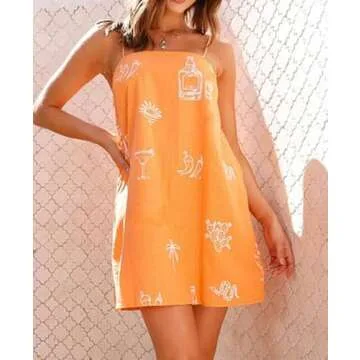 ROAONOCOMO Women Boho Graffiti Cami Mini Dress Spaghetti Strap Printed A Line Short Dress Cute Colorful Sundress