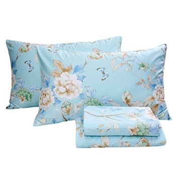FADFAY Floral Bedding Shabby Blue Bird Print Bed Sheet Set 800 Thread Count 100% Egyptian Cotton